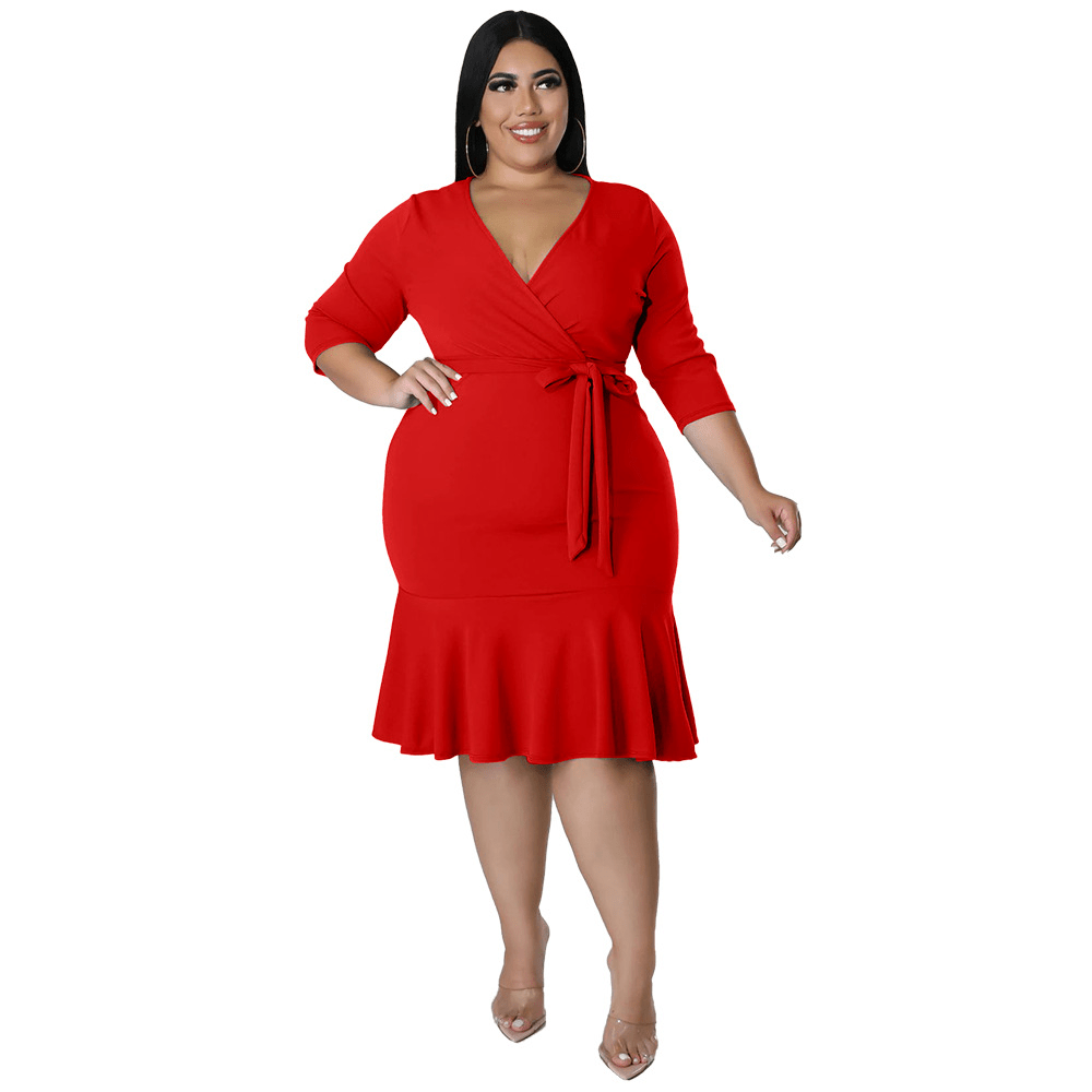 Thea Tie Waist V-Neck Flounce Hem Midi Dress Castello Clothing Line