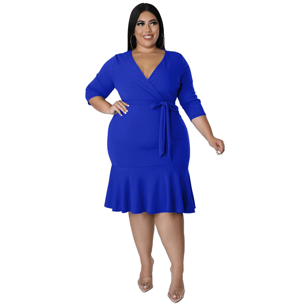 Thea Tie Waist V-Neck Flounce Hem Midi Dress Castello Clothing Line