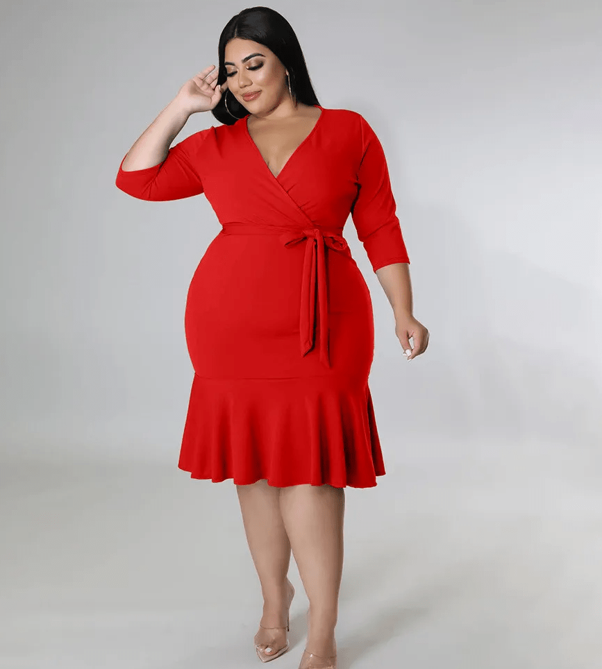 Thea Tie Waist V-Neck Flounce Hem Midi Dress Castello Clothing Line