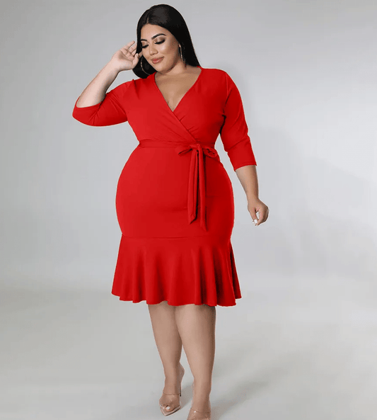 Thea Tie Waist V-Neck Flounce Hem Midi Dress Castello Clothing Line