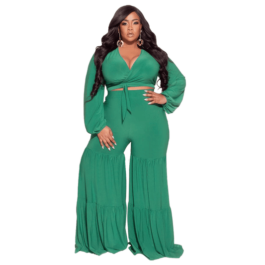 Plus Size V-Neck Wrap Top and High Waist Flare Pants Set  Castello Clothing Line   