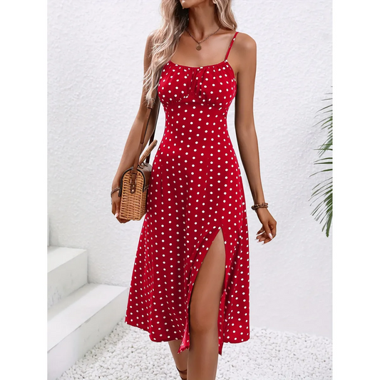 Brooke Polka Dot Spaghetti Strap Flare Midi Dress midi dress Castello Clothing Line