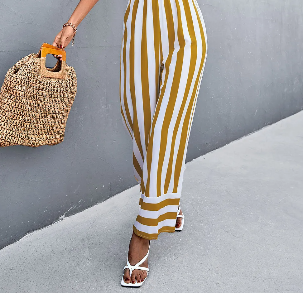 Victoria Strapless Smocked Striped Wide Leg Jumpsuit women jumpsuits Castello Clothing Line
