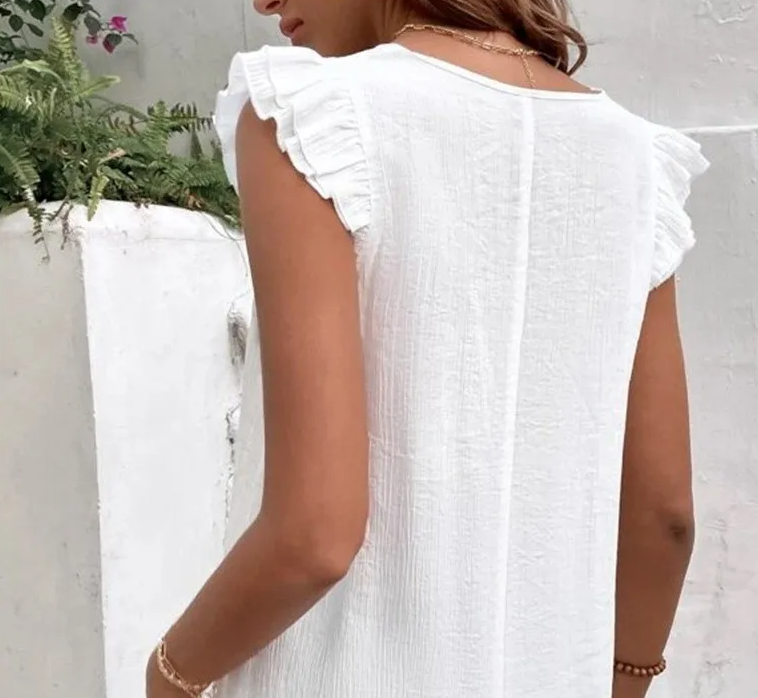Vivid Vibes V-Neck Crochet Trim Ruffle Sleeve Top Castello Clothing Line