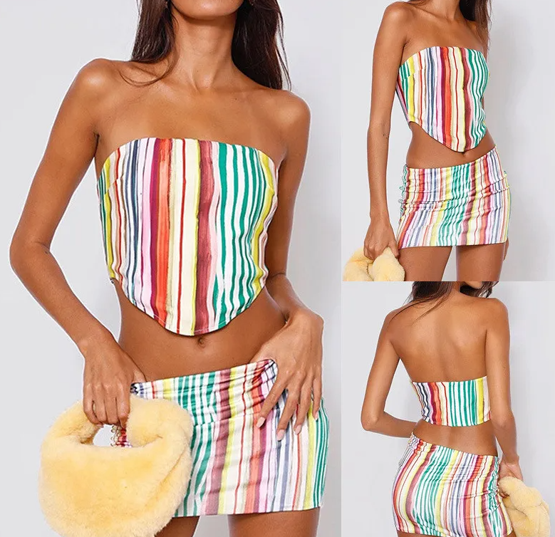 Stripe Crop Top & Short Skirt Set  Castello Clothing Line   