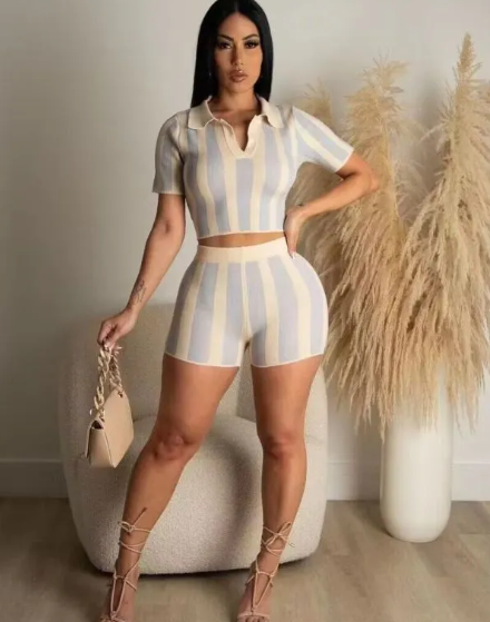 Radiate Striped Collared Back-Tie Top & High-Waist Shorts Set  Castello Clothing Line   