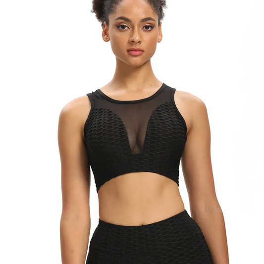 Pippa High Neck Sheer Mesh Textured Sports Bra sports top & bras Castello Clothing Line