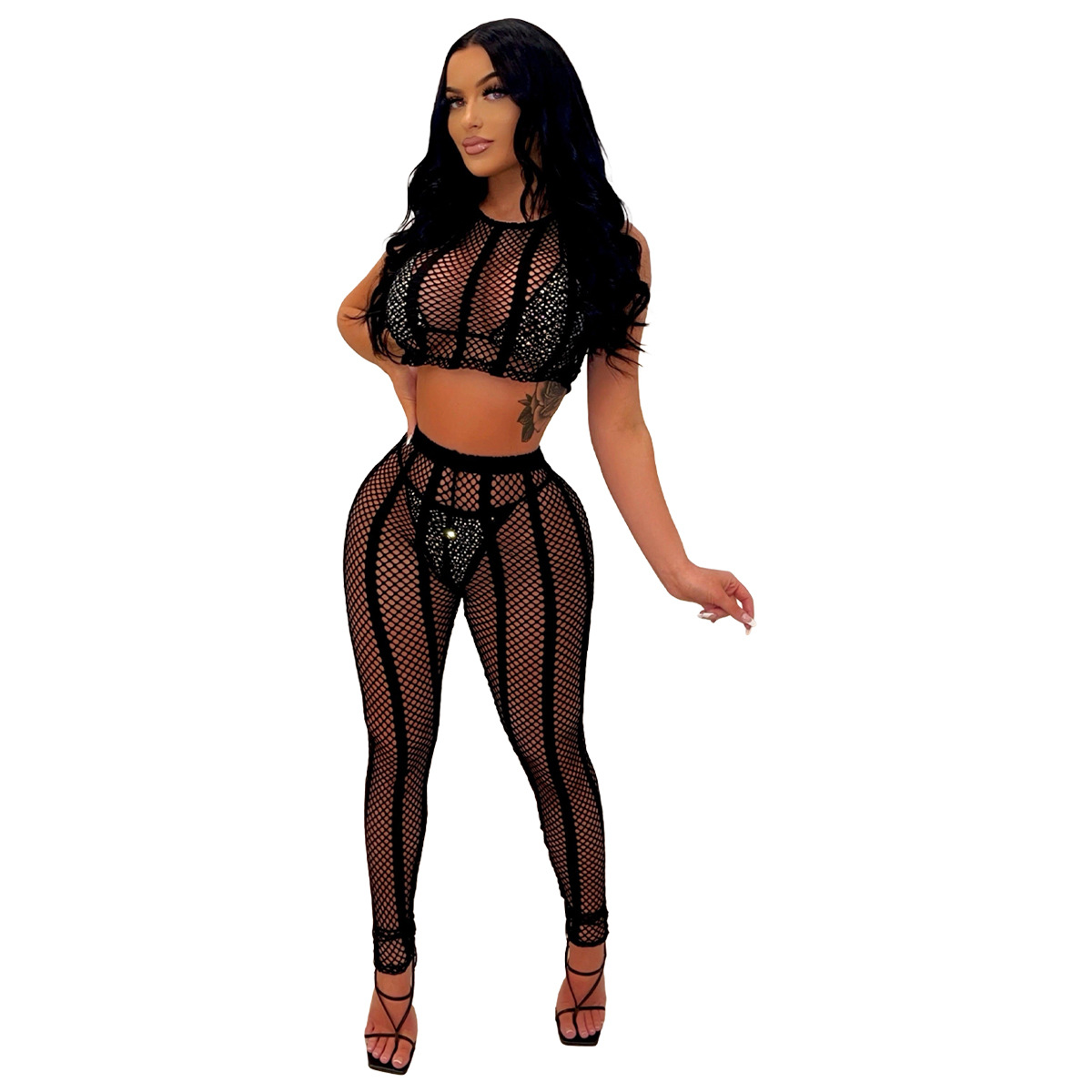 Sheer Crop Top & Skinny Pants Set  Castello Clothing Line   