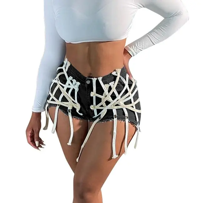 UrbanCage High-Waist Strappy Cutout Denim Shorts  Castello Clothing Line   