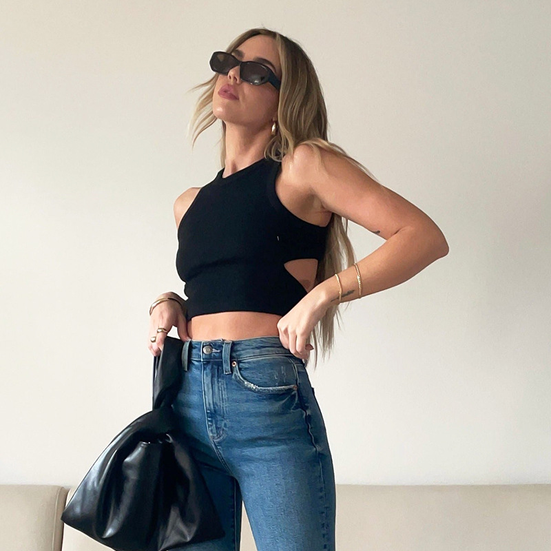 Tease Me Cut-Out Ribbed Crop Top  Castello Clothing Line   