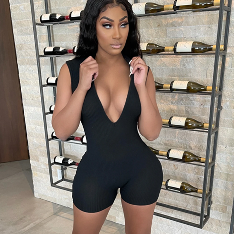 Va-Va Voom Ribbed Deep V Neck Romper  Castello Clothing Line   