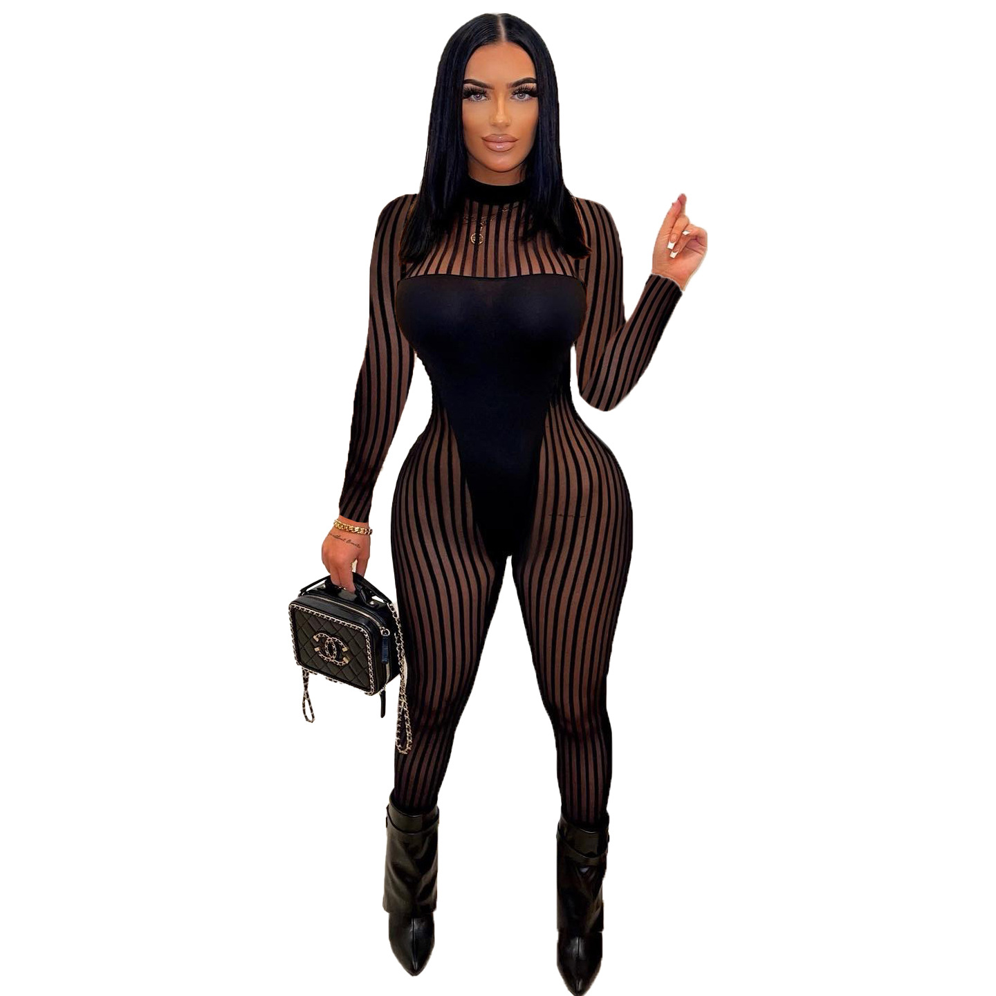 Kezia Long Sleeve Sheer Mesh Striped Bodycon Jumpsuit women jumpsuits Castello Clothing Line