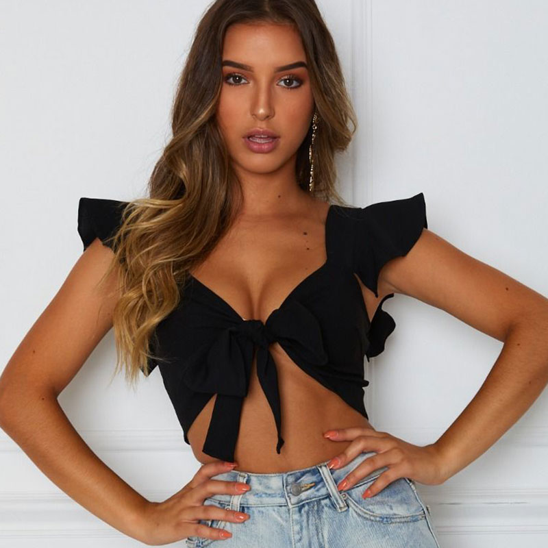 Flirty Bow-Tie Ruffle Crop Top  Castello Clothing Line   