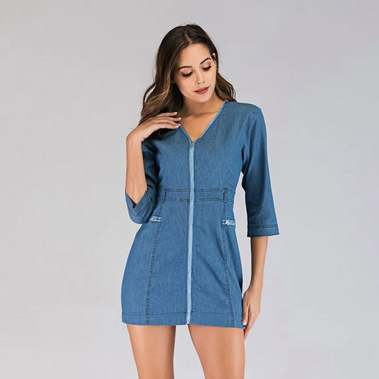 Nadia Zip-Front 3/4 Sleeve Mini Denim Dress Castello Clothing Line