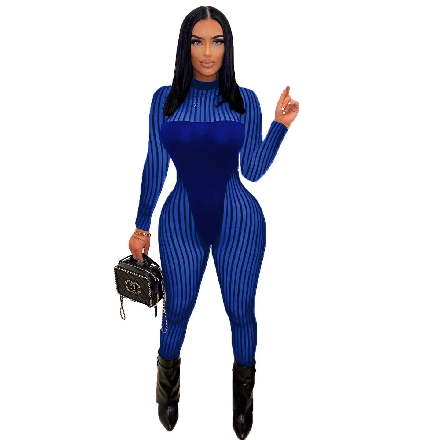 Kezia Long Sleeve Sheer Mesh Striped Bodycon Jumpsuit women jumpsuits Castello Clothing Line