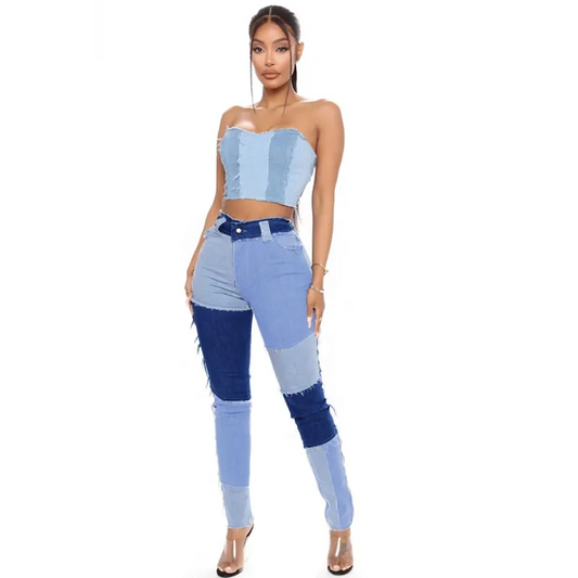 Raw Edge Color Block Skinny Jeans  Castello Clothing Line   