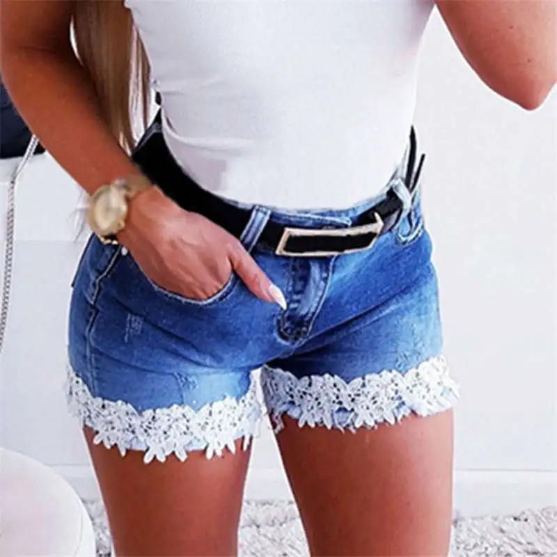 Flirt High-Waist Denim Lace Trim Shorts  Castello Clothing Line   