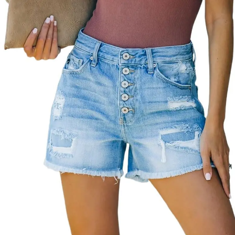RebelRise High-Waist Distressed Button-Up Denim Shorts  Castello Clothing Line   