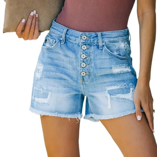 RebelRise High-Waist Distressed Button-Up Denim Shorts  Castello Clothing Line   