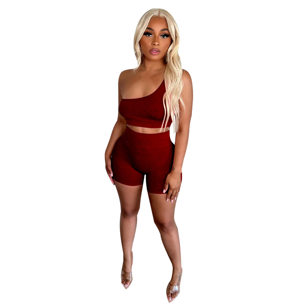Rush One-Shoulder Ribbed Crop Top & High-Waist Shorts Set  Castello Clothing Line   