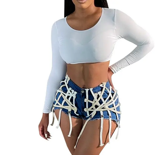 UrbanCage High-Waist Strappy Cutout Denim Shorts  Castello Clothing Line   