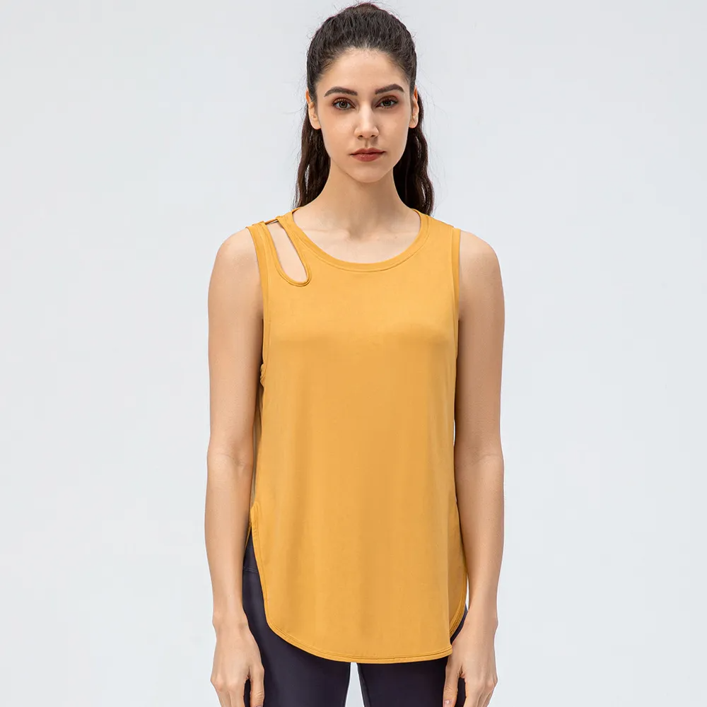 Mae Sleeveless Cutout Curved-Hem Tank Top workout tops and t-shirts Castello Clothing Line