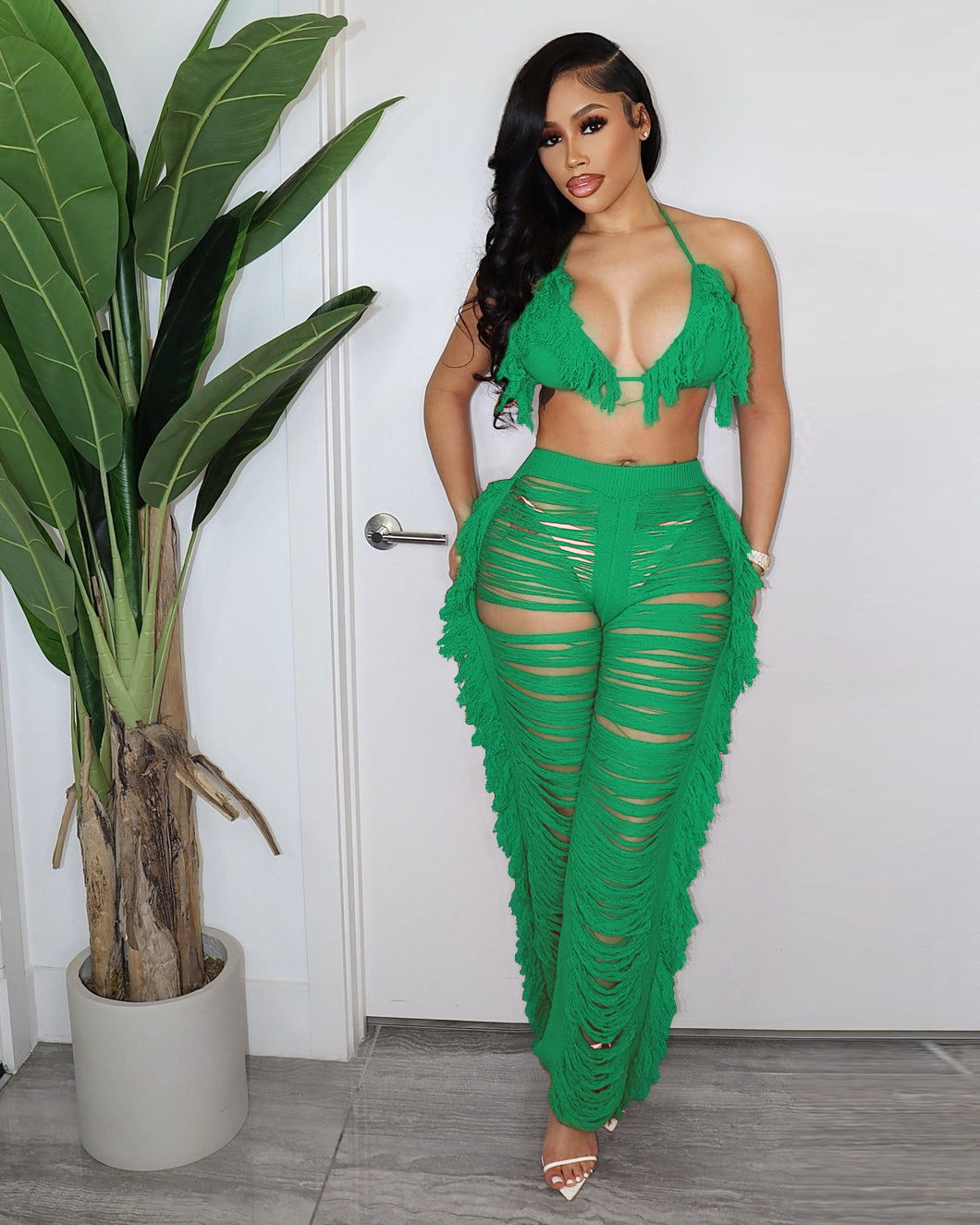 Ripped Tassel 2-Piece Pants Set  Castello Clothing Line   