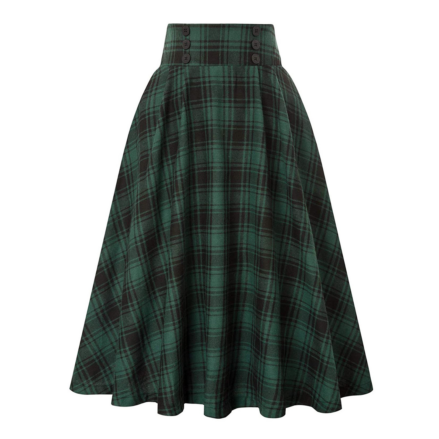 Vintage Plaid High Waist Flare Skirt - Button Detail, Polyester/Spandex  Castello Clothing Line   