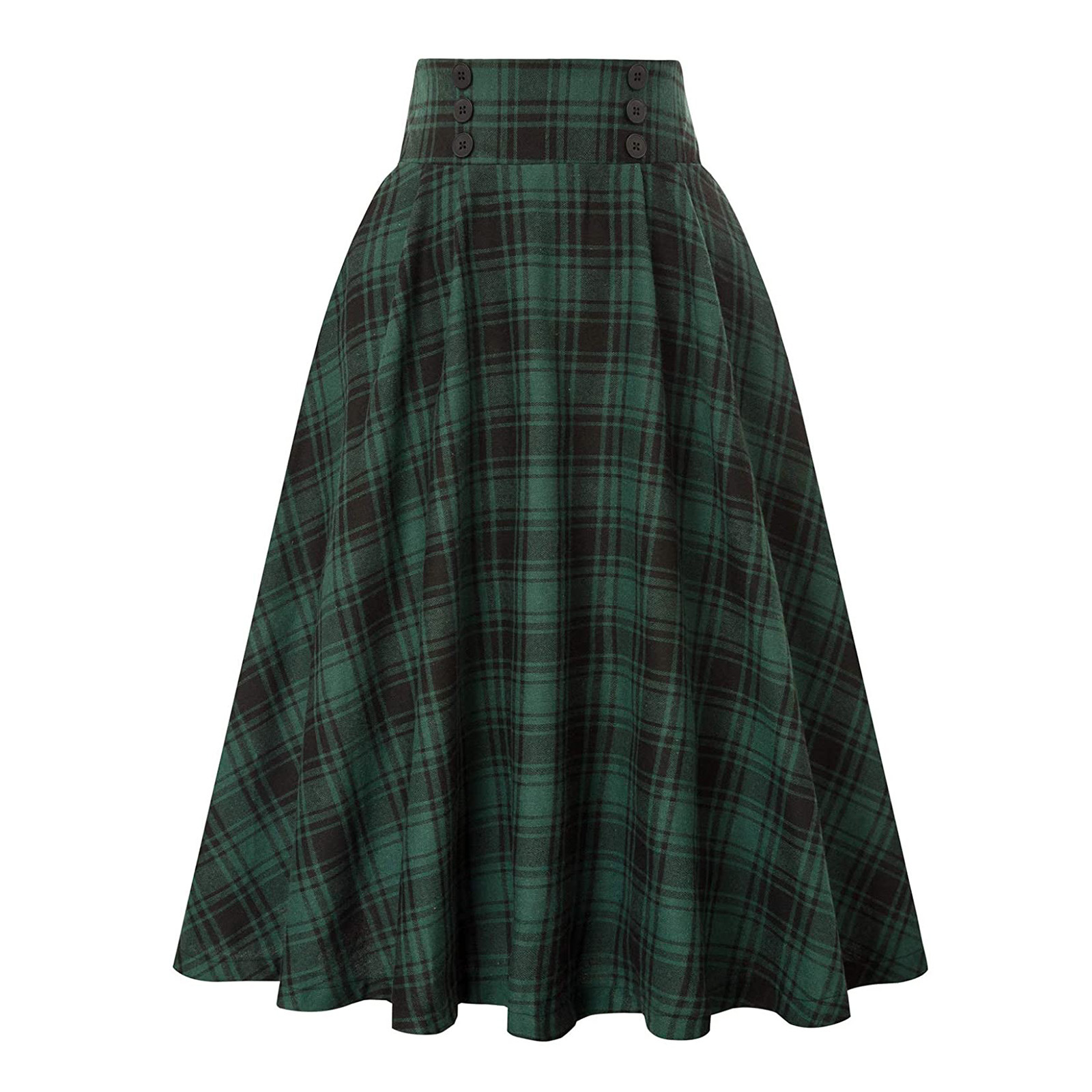 Vintage Plaid High Waist Flare Skirt - Button Detail, Polyester/Spandex  Castello Clothing Line   