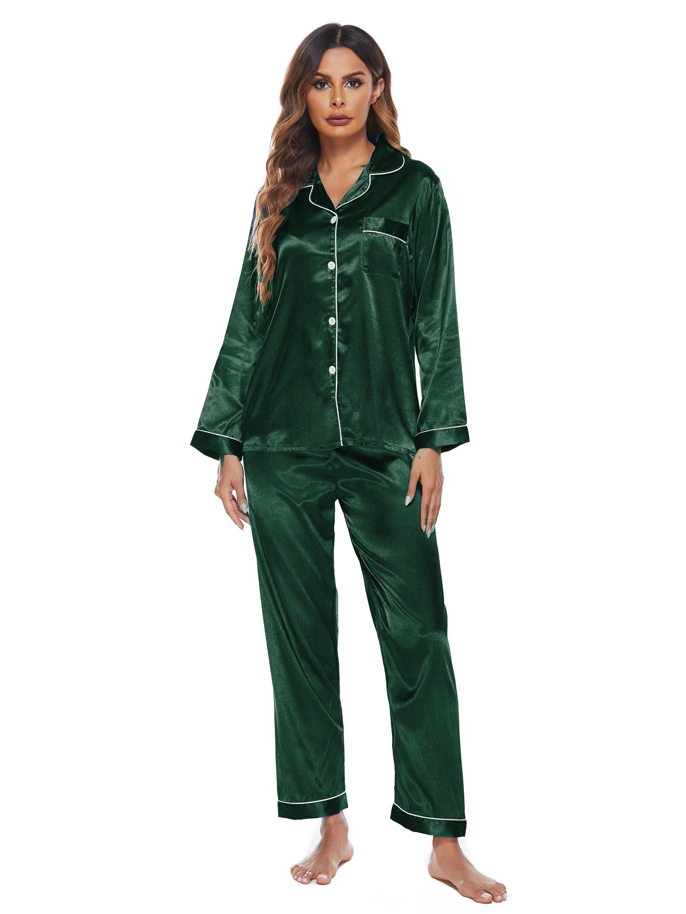 Velora Satin Long Sleeve Button-Up Loungewear Set  Castello Clothing Line   