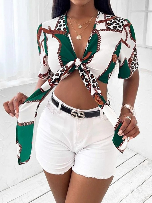 Zanora Printed Tie-Front Short Sleeve Crop Top Castello Clothing Line