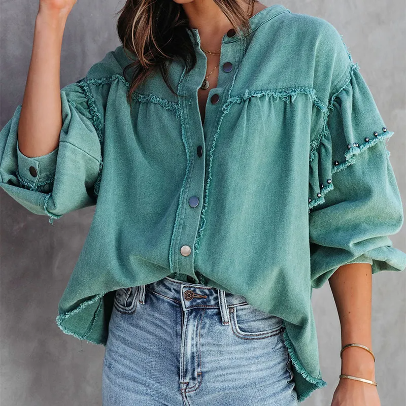 Elevate Frayed Ruffle Button-Up Oversized Denim Shirt Castello Clothing Line