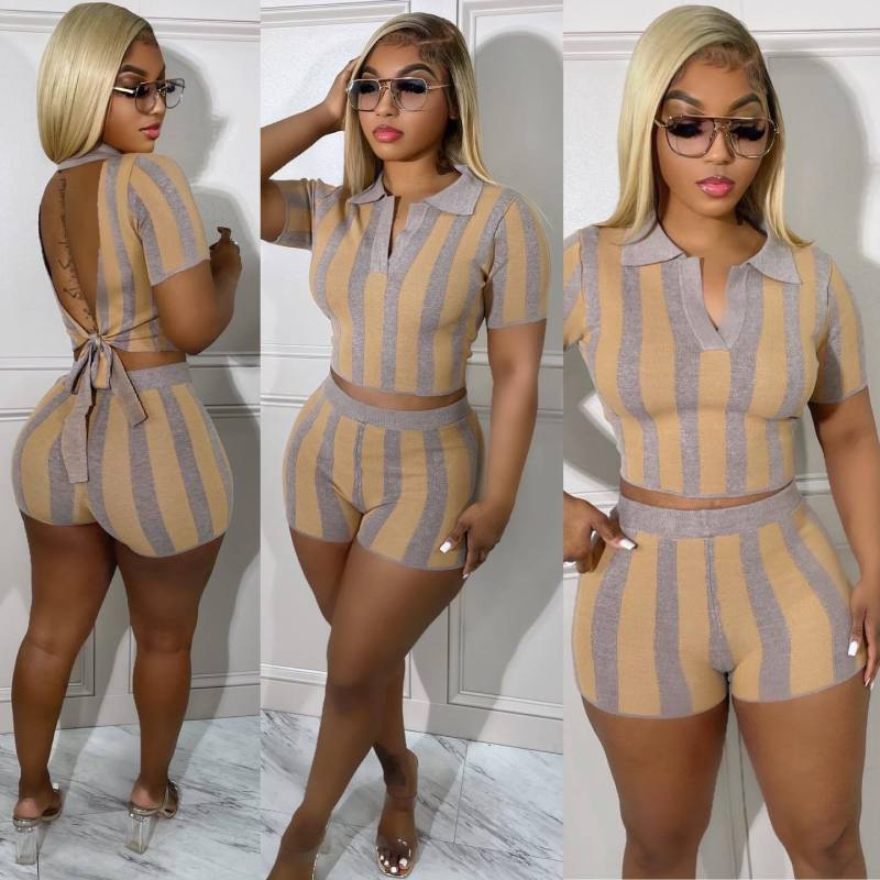 Radiate Striped Collared Back-Tie Top & High-Waist Shorts Set  Castello Clothing Line   