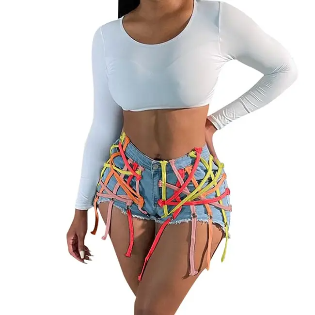 UrbanCage High-Waist Strappy Cutout Denim Shorts  Castello Clothing Line   