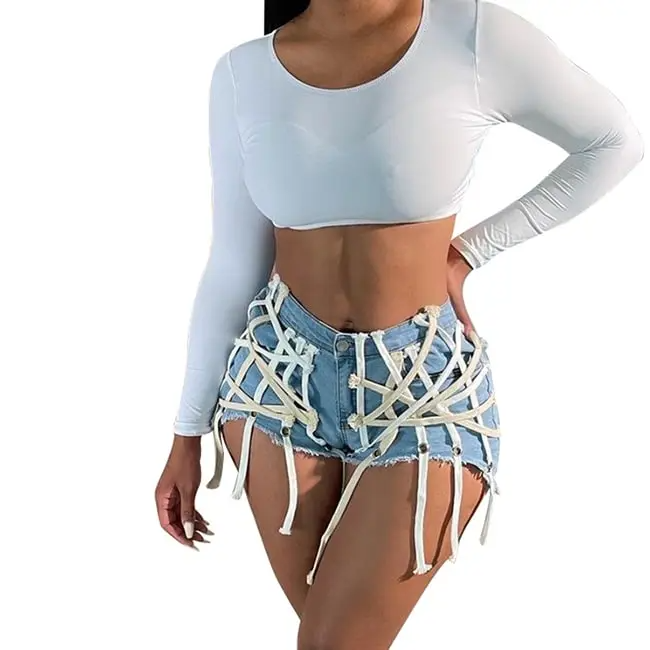 UrbanCage High-Waist Strappy Cutout Denim Shorts  Castello Clothing Line   