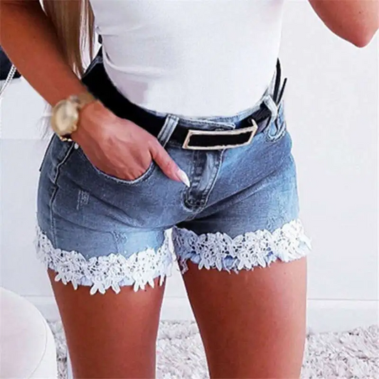 Flirt High-Waist Denim Lace Trim Shorts  Castello Clothing Line   