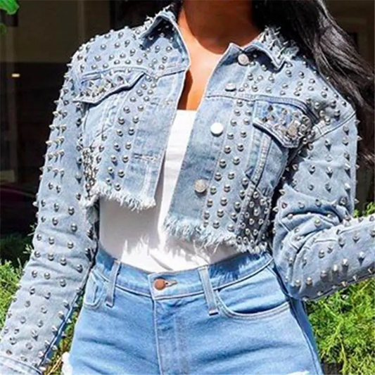 Studded Distressed Cropped Denim Jacket  Castello Clothing Line   