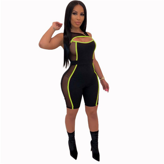 Electric Edge Cutout Sheer-Panel Bodycon Romper  Castello Clothing Line   