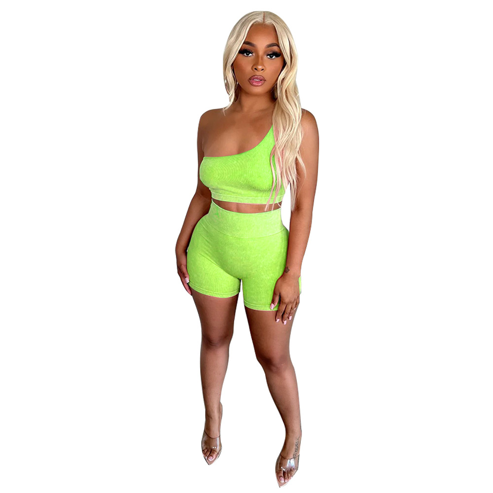 Rush One-Shoulder Ribbed Crop Top & High-Waist Shorts Set  Castello Clothing Line   