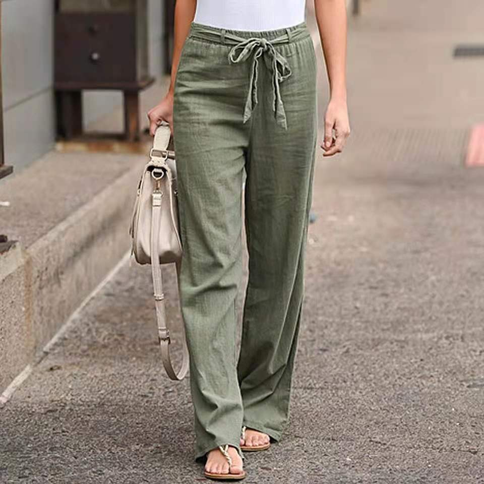 Evelyn High-Waisted Drawstring Linen Wide-Leg Pants Castello Clothing Line