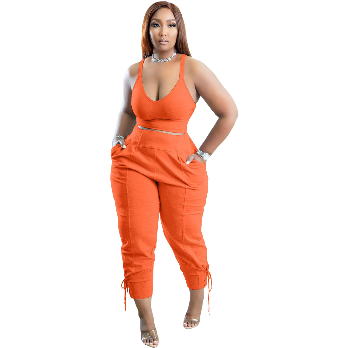 Solid Color High Waist Pant Set with Pockets - Polyester/Cotton  Castello Clothing Line   