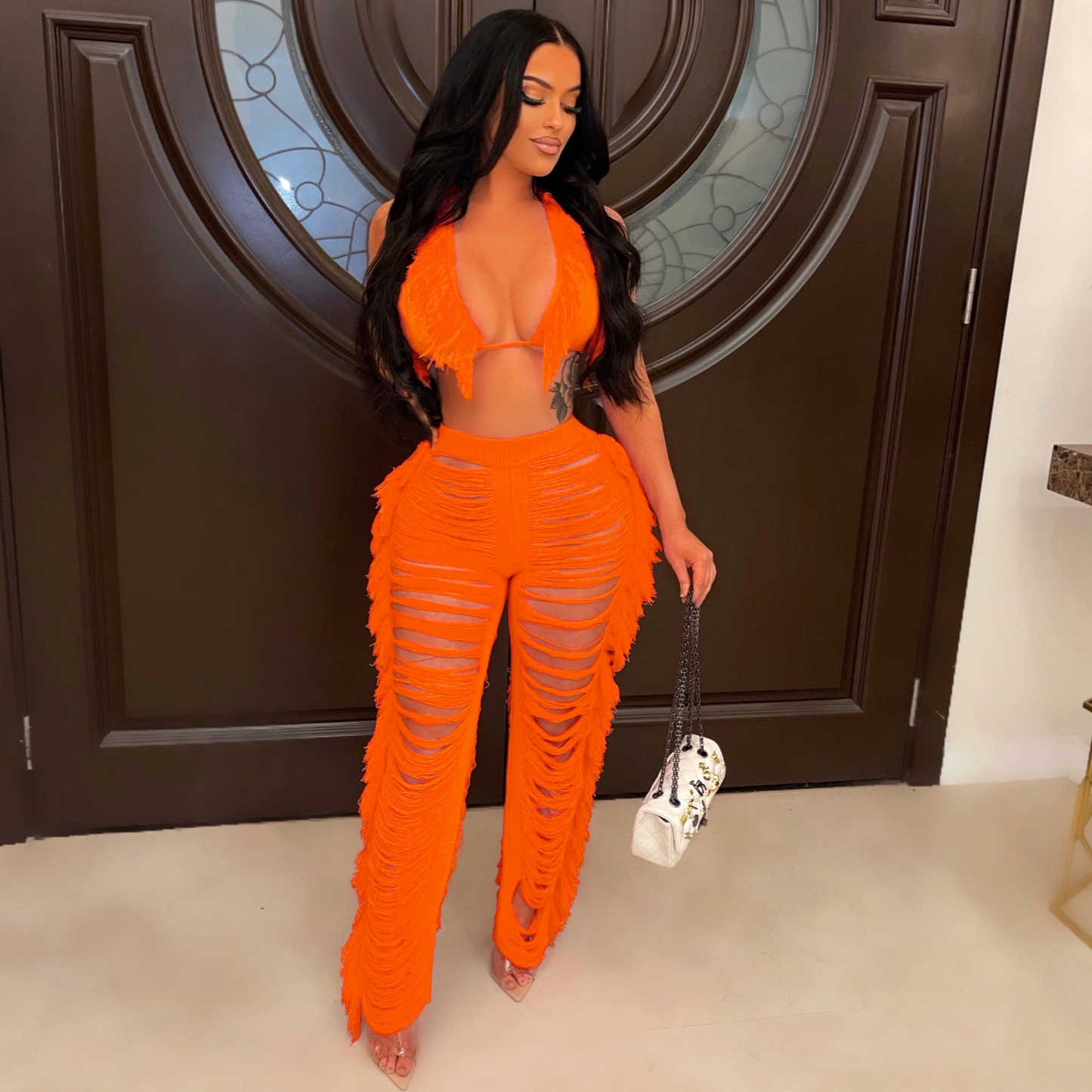 Ripped Tassel 2-Piece Pants Set  Castello Clothing Line   