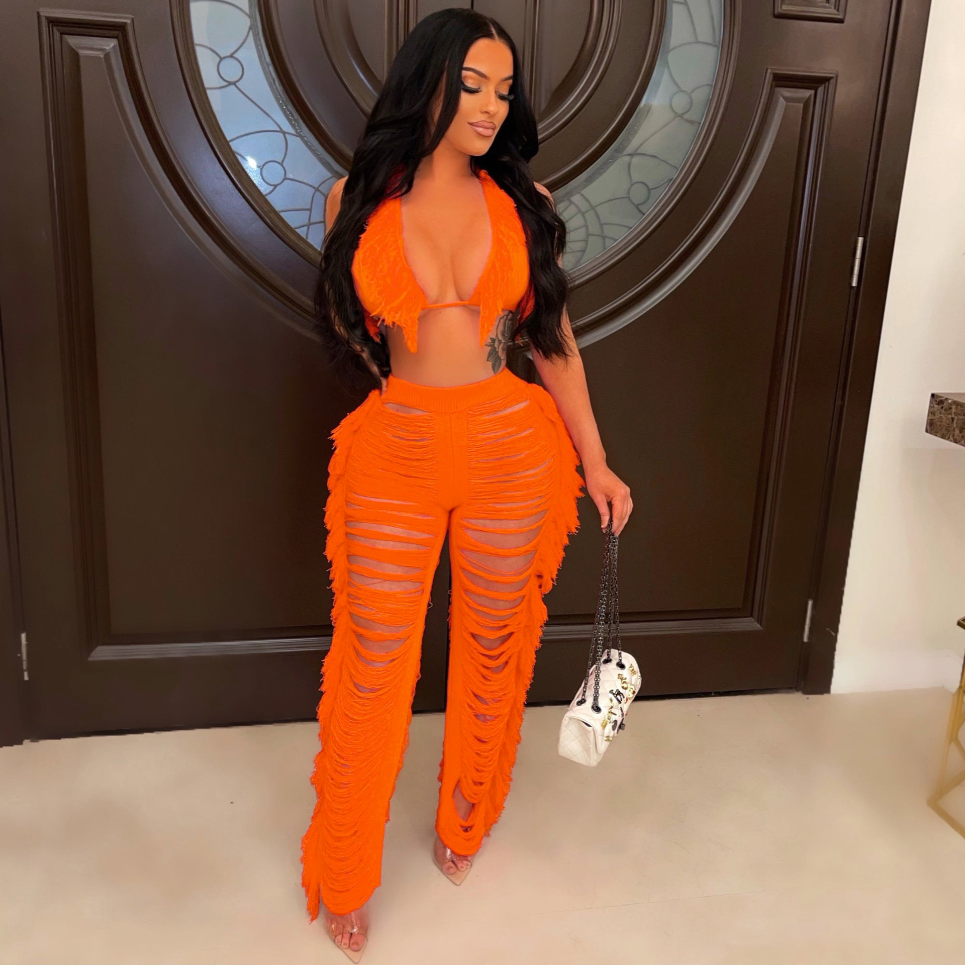 Ripped Tassel 2-Piece Pants Set  Castello Clothing Line   