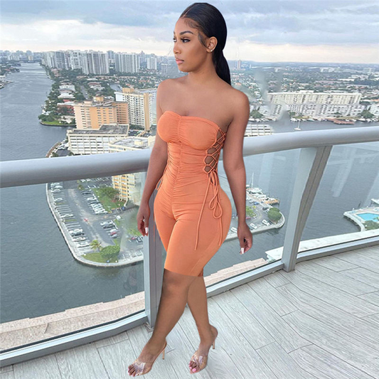 Tempting Twist Ruched Strapless Lace-Up Bodycon Romper  Castello Clothing Line   