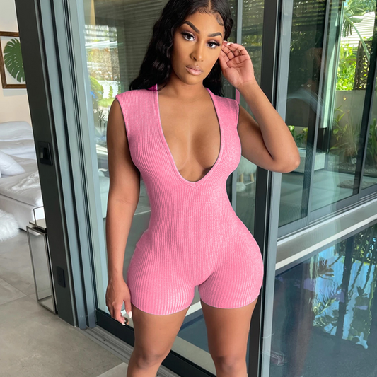 Va-Va Voom Ribbed Deep V Neck Romper  Castello Clothing Line   