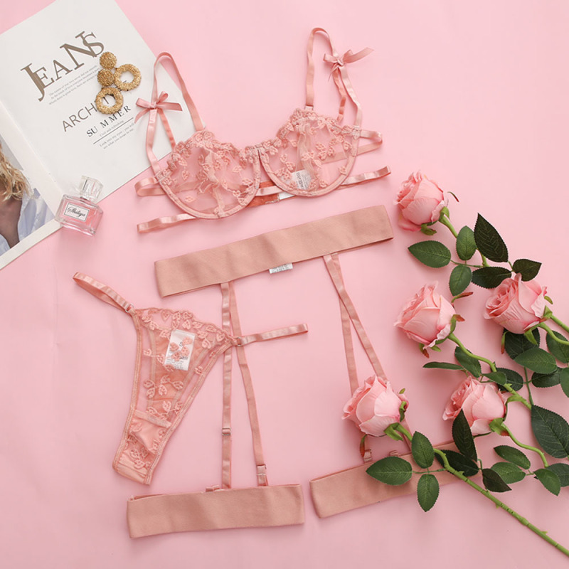 Sheer Lace Garter Lingerie Set  Castello Clothing Line   