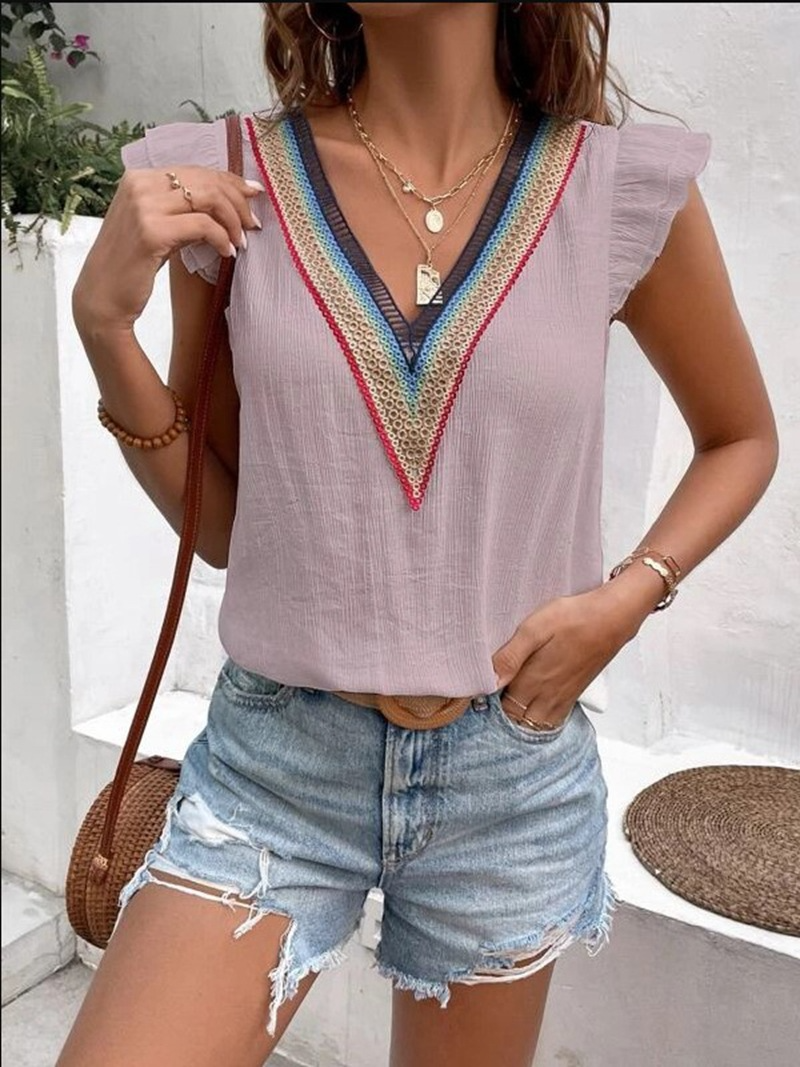 Vivid Vibes V-Neck Crochet Trim Ruffle Sleeve Top Castello Clothing Line