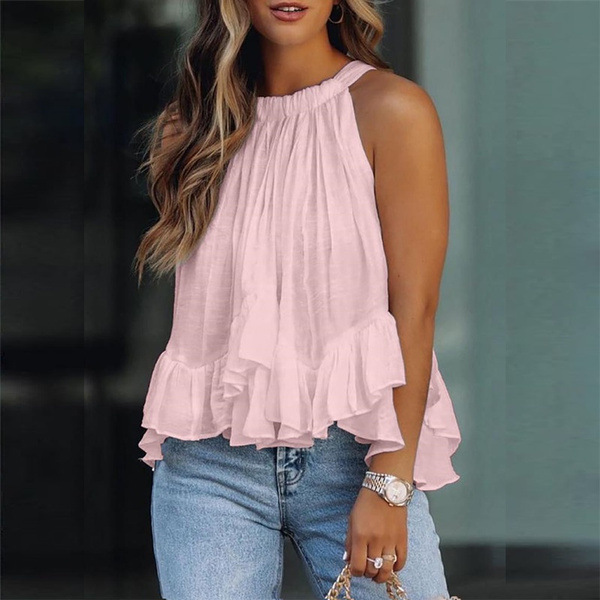Femme Flair Halter Sleeveless Ruffle Hem Layered Top Castello Clothing Line