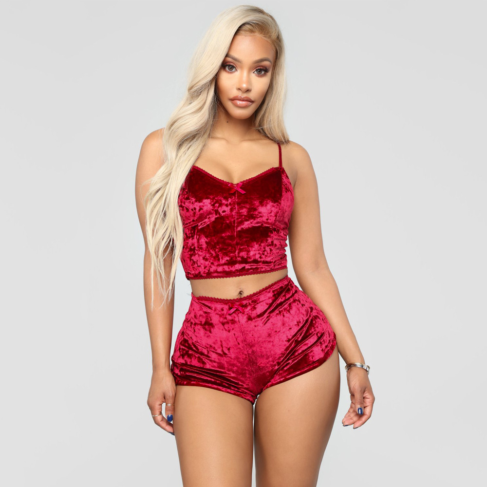 Sizzle Velvet Lace-Trim Cami & High-Waist Shorts Set  Castello Clothing Line   