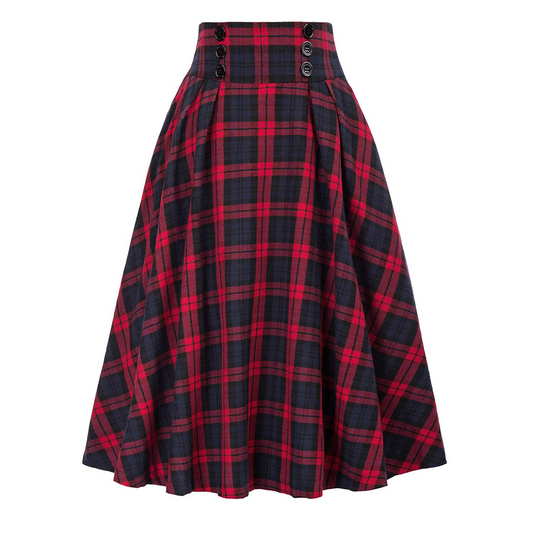 Vintage Plaid High Waist Flare Skirt - Button Detail, Polyester/Spandex  Castello Clothing Line   